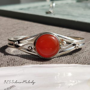 Handcrafted Carnelian Bangle: 925 Sterling Silver Adjustable Cuff