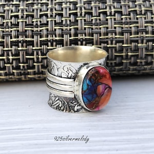 Spiny Oyster Turquoise Ring, 925 Sterling Silver Gemstone Ring, Handmade Women Ring , Wide Band Silver Gemstone Ring, Perfect Gift For Her