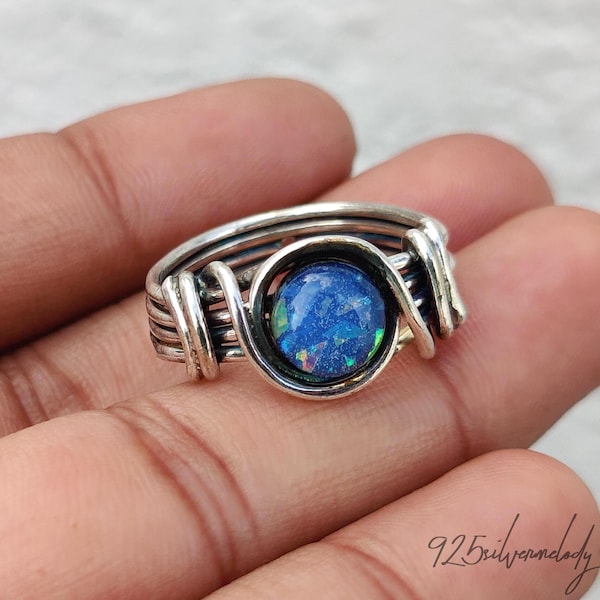 Australian Opal Ring, 925 Sterling Silver Minimalist Ring, Blue Triplette Jewelry
