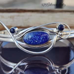 Natural Lapis Lazuli Bangle, Lapis Stone Bracelet, 92 Silver Bracelet, Unique Designer Adjustable Bangle, Women Gift, Statement Bangle