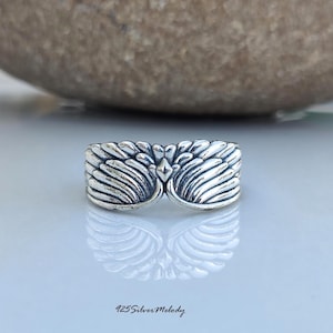 925 Sterling Silver Angel Wing Ring, Oxidized Feather Boho Thumb Band, Handmade Ethereal Unisex Ring image 1