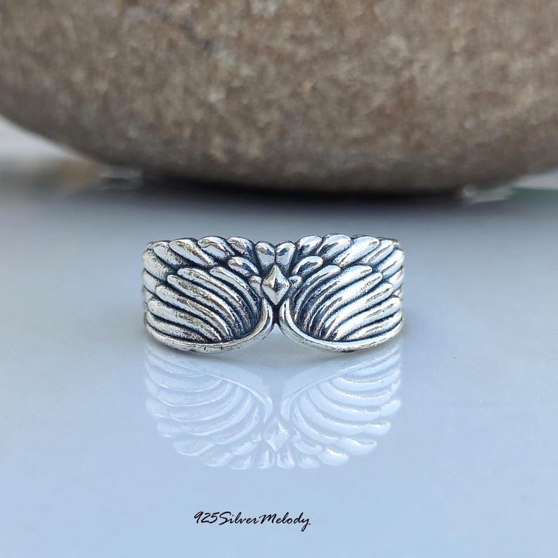 925 Sterling Silver Angel Wing Ring, Oxidized Feather Boho Thumb Band, Handmade Ethereal Unisex Ring image 1