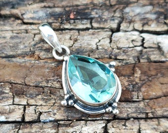 Pear Aquamarine Pendant: 925 Sterling Silver Bohemian Necklace