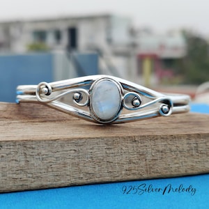 Rainbow Moonstone Bangle: Sterling Silver Boho Jewelry