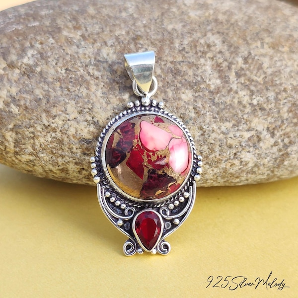 Colgante Kingman de turquesa y dalia roja: collar de plata de ley hecho a mano
