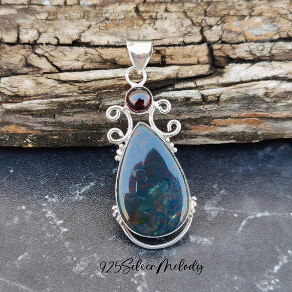 Handmade Bloodstone Pendant: 925 Sterling Silver Necklace