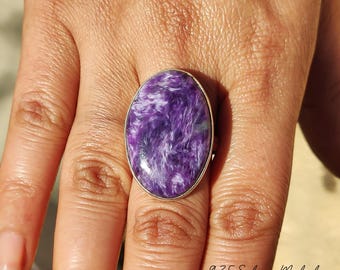 Handmade Charoite Gemstone Ring: 925 Sterling Silver Statement Jewelry