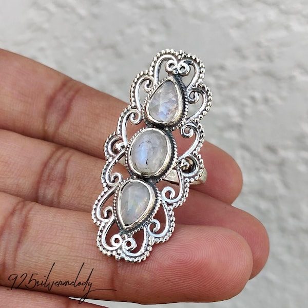 Anillo triple de piedra lunar hecho a mano, joyería llamativa de filigrana de plata esterlina de diseño, regalo para mujer.