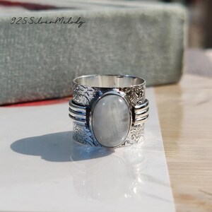 Moonstone Ring | Boho Wide Band Ring | 925 Sterling Ring | Handcrafted Jewelry | White Moonstone Silver Ring | Promise Ring | Chunky Ring