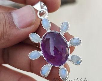 Amethyst & Moonstone Pendant: Handcrafted 925 Sterling Silver Necklace