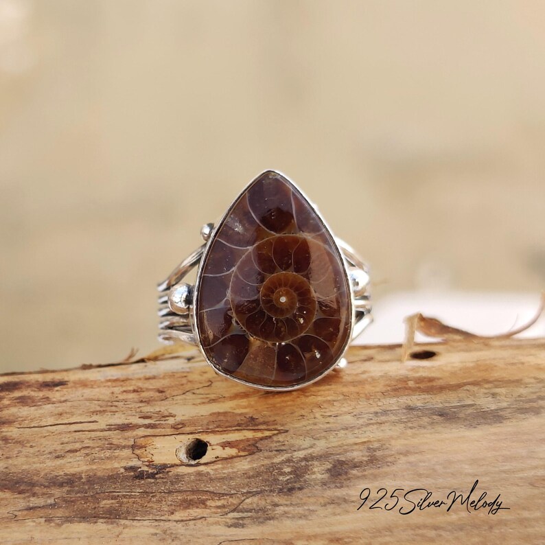 Peut inclure: Une bague en argent avec une pierre pr&eacute;cieuse en ammonite en forme de larme. L'ammonite est brune et pr&eacute;sente un motif en spirale. La bague est pos&eacute;e sur une surface en bois.