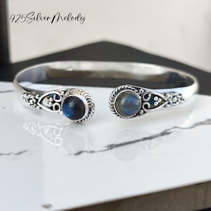 Blue Fire Labradorite Bangle, Double Stone Designer Boho Bangle Bracelet, Labradorite 925 Silver Jewelry, Cuff Bangle, Women Gift Bracelet