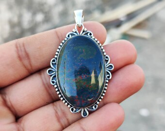 Sterling Silver Bloodstone Pendant Necklace: Handmade Designer Jewelry