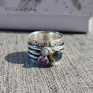 Labradorite Spinner Ring, Moonstone & Amethsyt Spinner Ring, Multi Stone Ring, 925 Silver Ring, Designer Spin Ring, Handmade Wide Band Ring