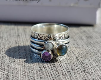 Handmade Sterling Silver Spinner Ring: Labradorite, Moonstone & Amethyst