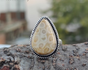 Teardrop Fossil Coral Ring, Handmade 925 Sterling Silver Statement Jewelry, Gift For Her