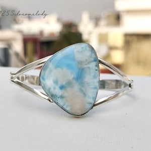 Natural Larimar Bangle, 925 Sterling Silver Bangle, Larimar Bangle Bracelet, Cuff Bangle, Handmade Bangle, Silver Gemstone Bangle For Women