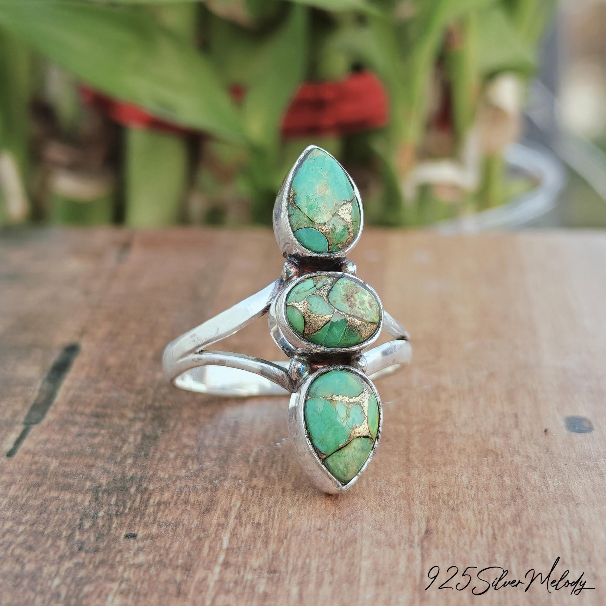 Green Copper Turquoise 925 Sterling Silver Ring, Triple Gemstone