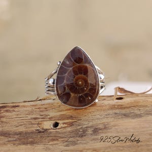 Peut inclure: Une bague en argent avec une pierre pr&eacute;cieuse ammonite en forme de larme. L'ammonite est brune et pr&eacute;sente un motif en spirale. La bague est pos&eacute;e sur une surface en bois.