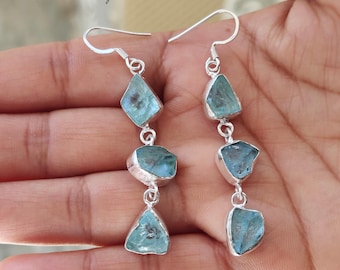 Handmade Raw Aquamarine 925 Sterling Silver Dangle Earrings