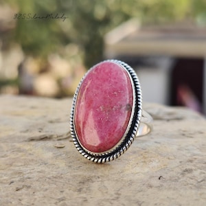 Genuine Rhodonite Ring ~ 925 Handcrafted Ring ~ Sterling Silver Ring ~ Promise Ring ~ Oval Stone Ring ~ Rhodonite Jewelry ~ Wedding Ring