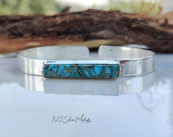 Handmade Sterling Silver Blue Copper Turquoise Bangle - Adjustable Cuff