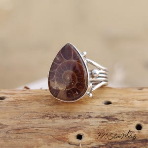 Peut inclure: Une bague en argent avec une pierre pr&eacute;cieuse ammonite en forme de larme. La bague a une bande d&eacute;licate &agrave; plusieurs niveaux.