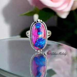 Pink Copper Turquoise Ring || 925 Sterling Silver Jewelry || Multi Coloured Gemstone Ring || Pink Oyster Turquoise Ring || Perfect Gift Ring