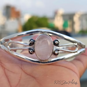 Natural Rose Quartz Bangle ~ Sterling Silver Jewelry ~ Adjustable Cuff Bangle Bracelet ~ Designer Bangle ~ Christmas Gift Jewelry For Woman