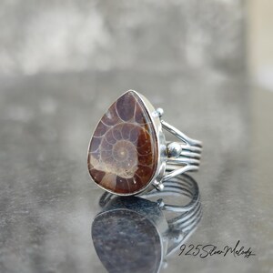 Peut inclure: Une bague en argent avec une pierre pr&eacute;cieuse ammonite en forme de larme. La bague a un design d&eacute;licat et complexe avec plusieurs bandes et de petites perles d'argent.