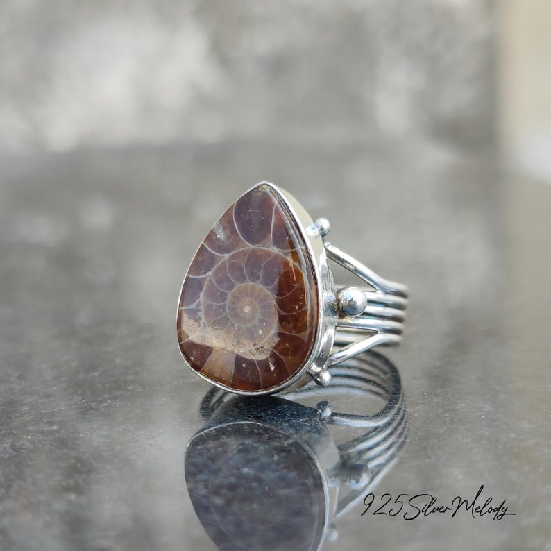 Peut inclure: Une bague en argent avec une pierre pr&eacute;cieuse ammonite en forme de larme. La bague a un design d&eacute;licat et complexe avec plusieurs bandes et de petites perles d'argent.