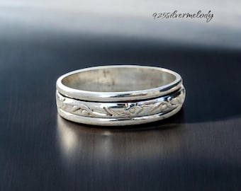 Floral Fidget Spinner Ring: 925 Sterling Silver Meditation Jewelry