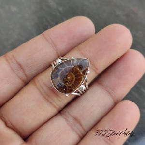 Peut inclure: Une bague en argent avec une pierre pr&eacute;cieuse ammonite en forme de larme. L'ammonite est brune et pr&eacute;sente un motif en spirale. La bague est sertie de petites perles d'argent.