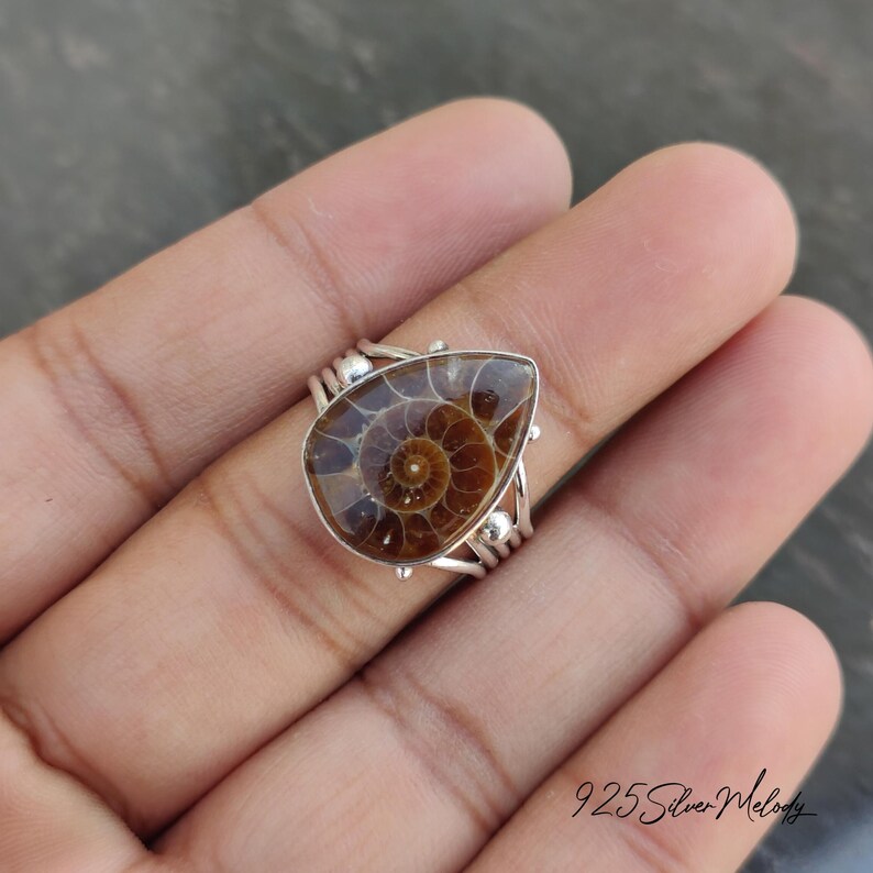 Peut inclure: Une bague en argent avec une pierre pr&eacute;cieuse ammonite en forme de larme. L'ammonite est brune et pr&eacute;sente un motif en spirale. La bague est sertie de petites perles d'argent.
