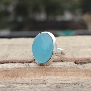 Aqua Chalcedony Ring, Minimalist Silver Ring, Handcrafted Ring For Women, 925 Sterling Ring, Oval Stone Ring, Chalcedony Jewelry, Gift Idea
