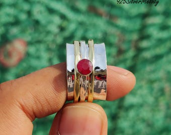 Ruby Sterling Silver Spinner Ring: Wide Band Meditation Ring