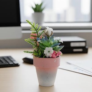 May include: A small, decorative potted plant with a mix of colorful faux flowers and greenery. The pot is a gradient of pink and white. The plant sits on a light wood desk, with a computer and keyboard in the background.
