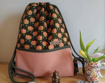 Turnbeutel, Sportbeutel, Rucksack, mit Reißverschluss aus Canvas und Kunstleder