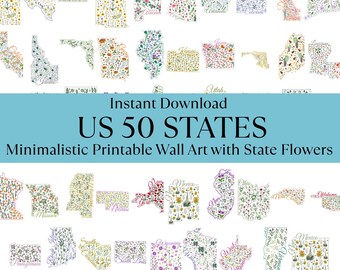 50 US States Digital Wall Art Printable, Minimalistic State Flowers Art, Digital Download US State Art, US States and State Flower Wall Art