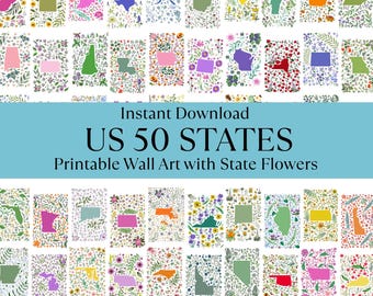 50 US States Digital Wall Art Printable, State Flowers Wall Art, Instant Digital Download US State Art, US States and State Flower Wall Art