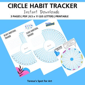 May include: Printable habit tracker with three pages, including a 30-day habit tracker, a 31-day habit tracker, and a vision board wheel of life. The pages are white with blue and pink accents. The text "Something Positive" and "You Are Amazing!" are featured on the pages.