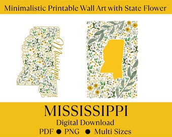 Mississippi US State Digital Wall Art afdrukbare, minimalistische Mississippi State Flower Art, digitale download Mississippi State Art