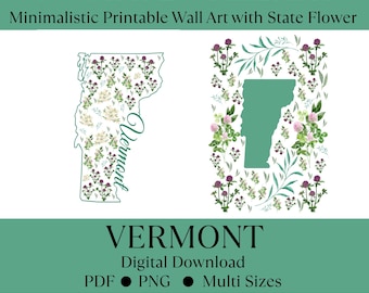 Vermont State Flower Printable Wall Art | Red Clover Botanical Print | Vermont Map Outline Art | Minimalist Boho State Decor