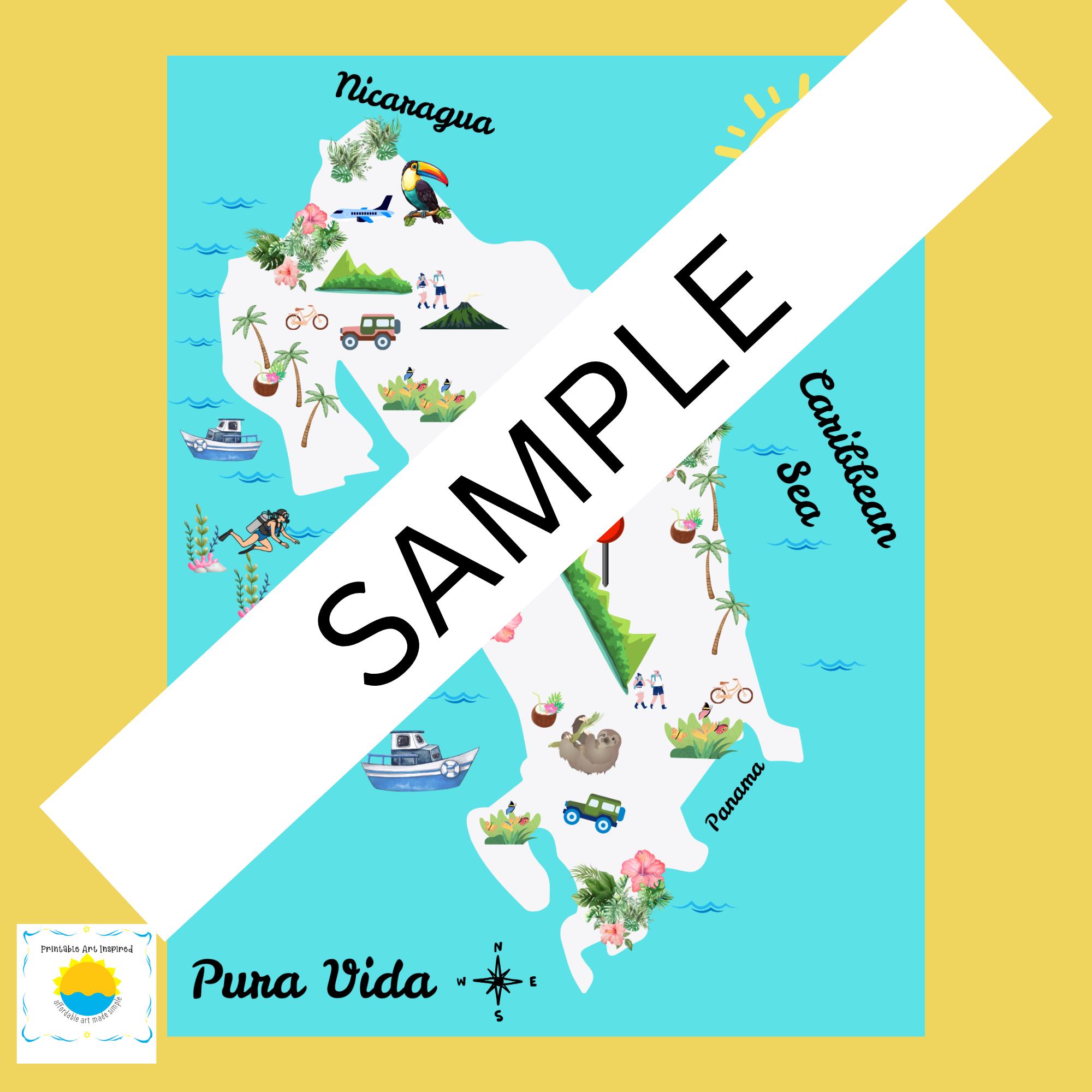 Costa Rica Map Art Printable: Home Decor Souvenir (PDF Download) - Etsy