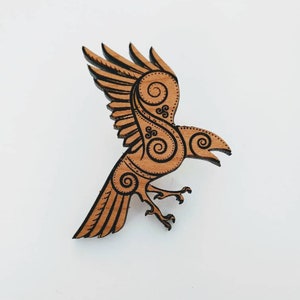 Celtic raven pin natural cherry wood goth wiccan image 1