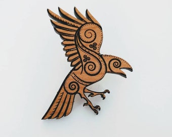 Celtic raven pin - natural cherry wood - goth wiccan