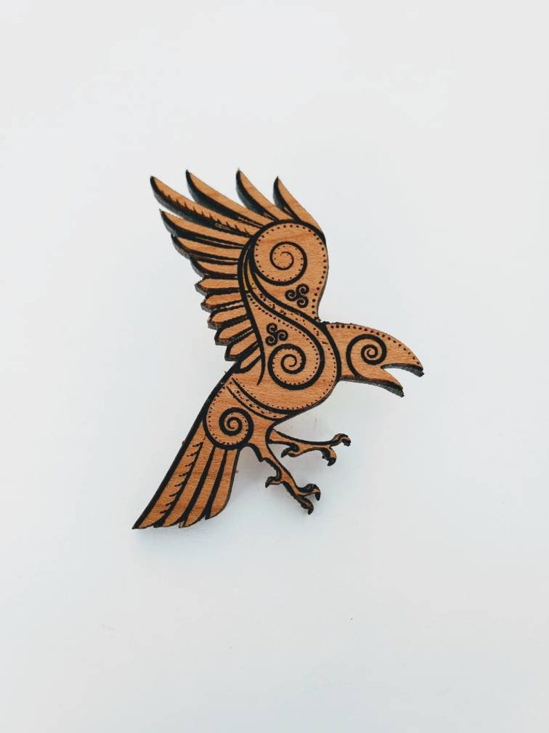 Celtic raven pin natural cherry wood goth wiccan image 1