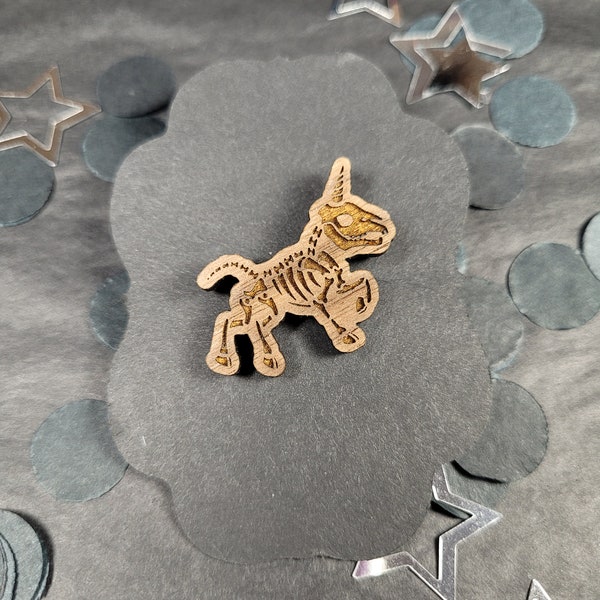 Unicorn Skeleton pin - brooch - natural wood Tie Tack - goth wiccan