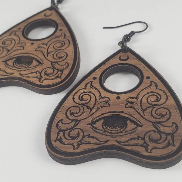 Ouija Planchette Earrings- laser etched walnut wood - Goth earrings