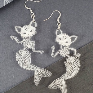 Cat Mermaid Skeleton Acrylic Earrings, Pastel Goth Purple Pink Turquoise